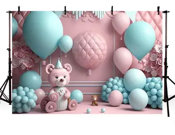 3D Bear Decorative Backdrop For Girls Cake Smash Photography Children Birthday Balloon Flower Background Photo Studio