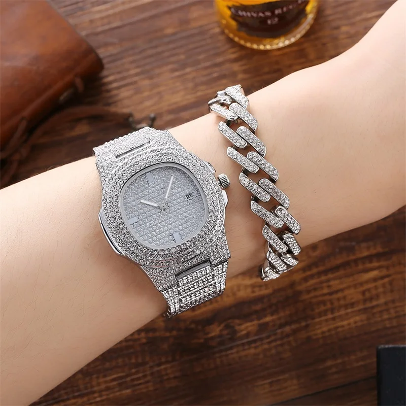 3pcs Set Good Silver Pendant Full Rhinestone Crystal Diamond Watch And