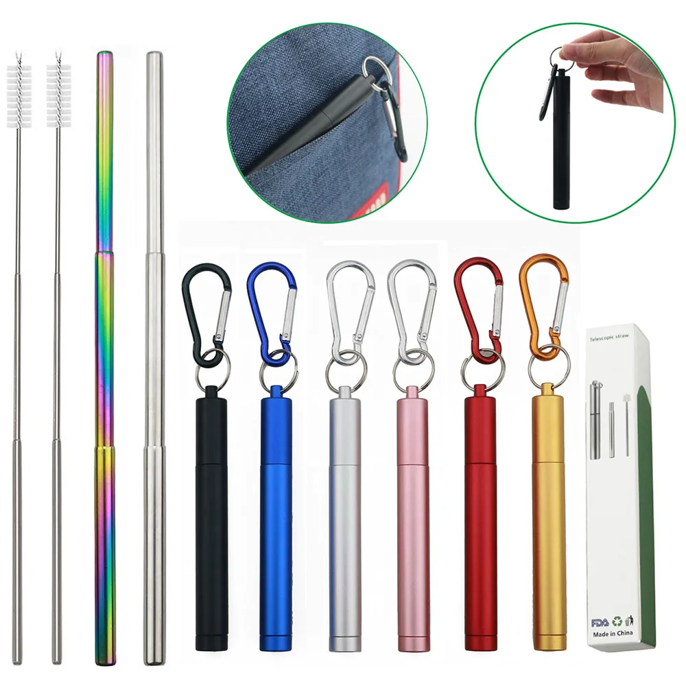 Stainless Steel Portable Telescopic Collapsible Metal Straw & Brush Set 6 Color