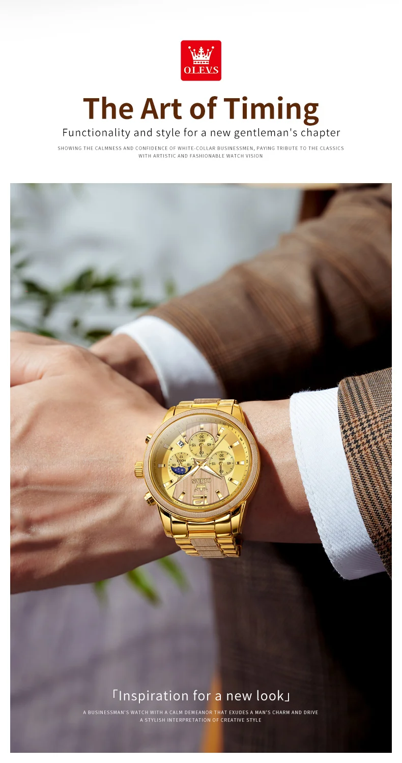 Olevs 3645 Quartz Chronograph Men Calendar Watch Round Textured Solid Wood Luxury Glass Luminous Hands Business Watches for Men