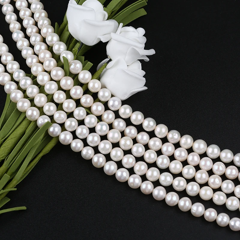 Zhuji Pearl Market Natural White Color 7-8mm Near Round Shape Freshwater Pearl Strands for Jewelry Making