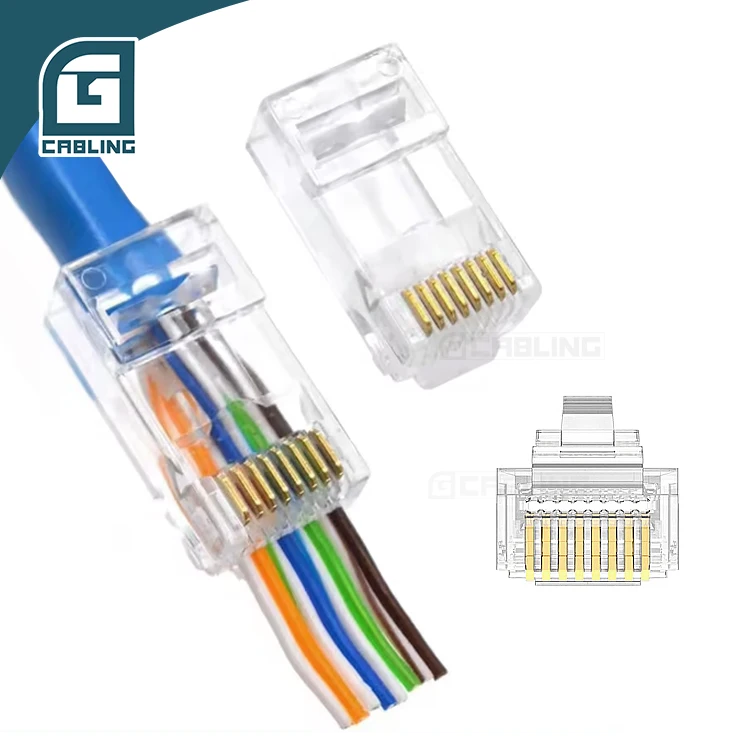 Gcabling Ethernet RJ45 Conector Cat5e Cat6 Pass Through 8P8C Modular Plug UTP Insert Cat 6 RJ45 Connector
