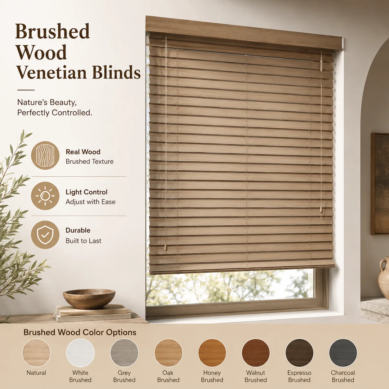Brushed Bamboo Wood Venetian Blinds with Smooth Cord Control System Built-In Installation Every Day Use UV Blocking