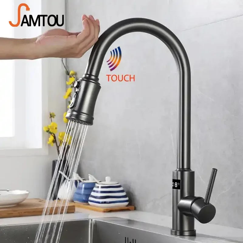 Grifo de cocina de vías con sensor digital táctil, rociador