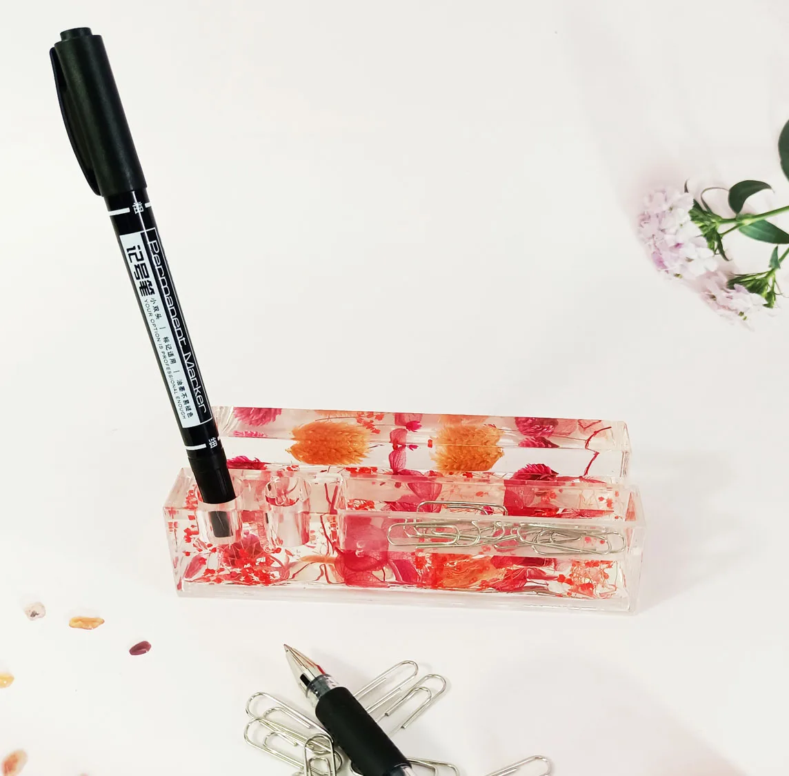 Держатель для телефона с сушеными цветами, Стильный Акриловый чехол для телефона, настольная подставка, офисные ручки, блокнот для записей и карт