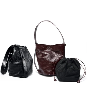 2026 Trending Women's Vintage High Quality Leather Luxury Designer Single Shoulder Bucket Bag Wholesale Custom Button Closure