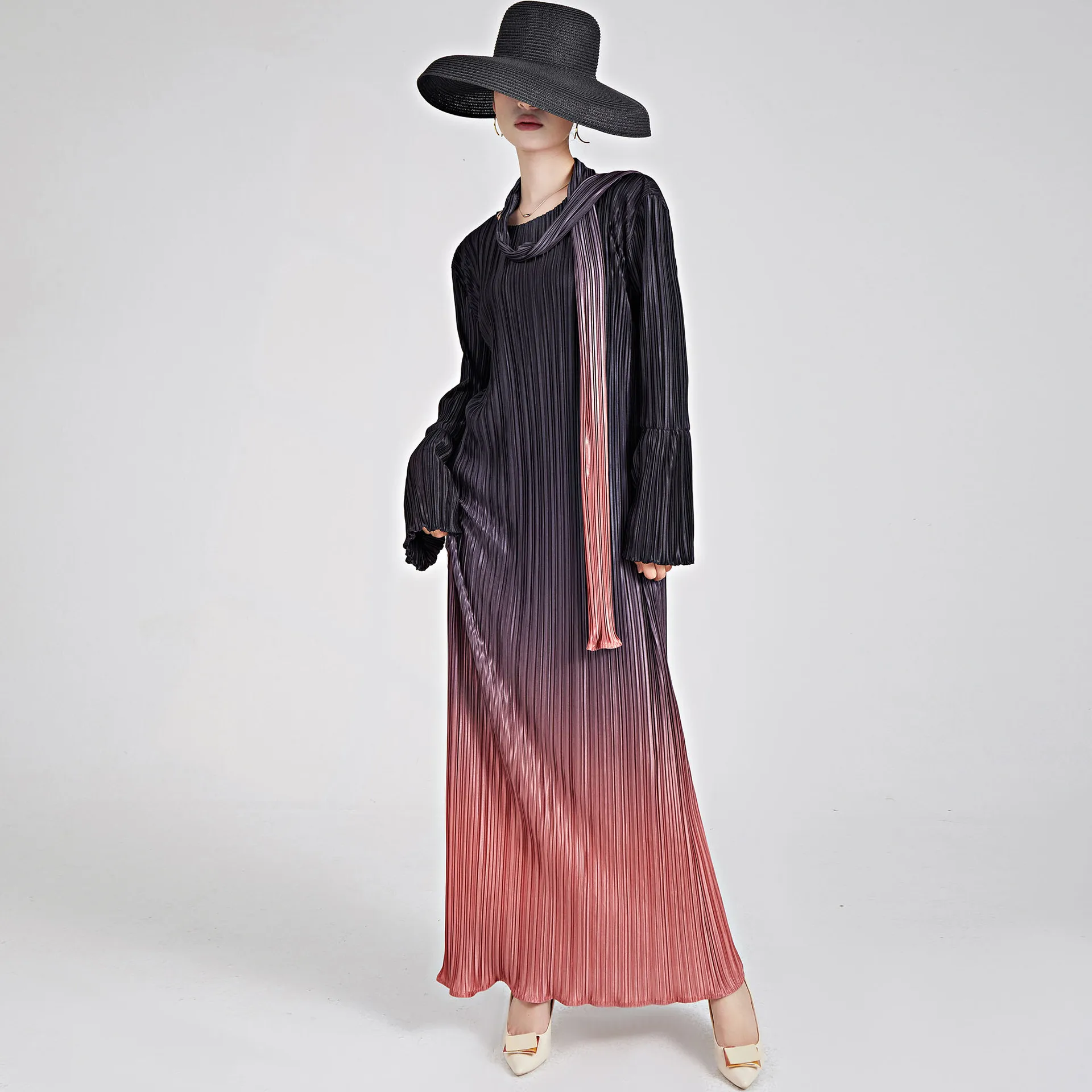 Miyake Pleated Bell Sleeve Dress Muslim Women Long Gradient Color Loose  Stretch Elegant Evening Party Abaya Dress with Belt