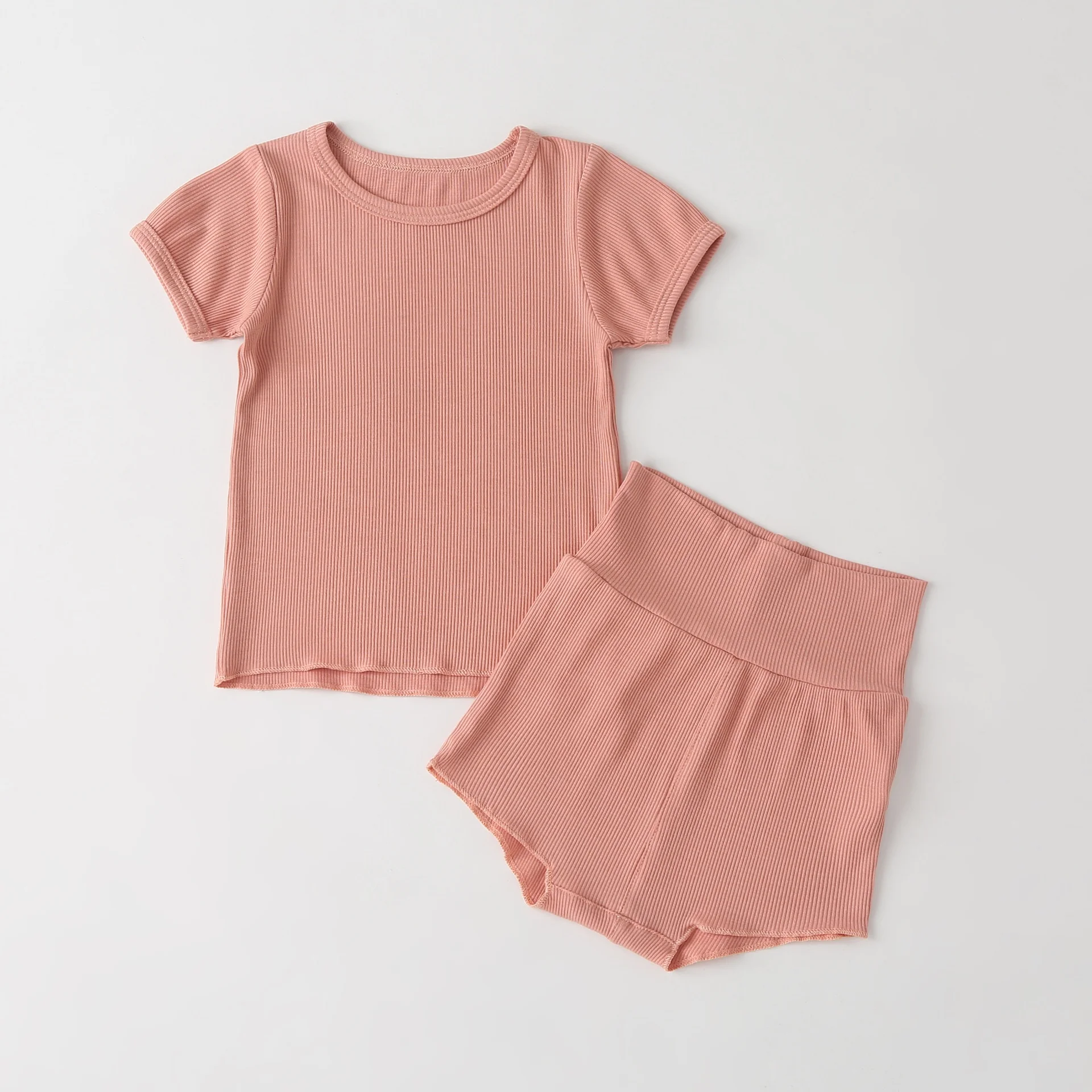 Искусственный шёлковый спандекс ребристая Трикотажная футболка с коротким рукавом и короткие штаны с высокой талией в стиле унисекс для маленьких, детская одежда