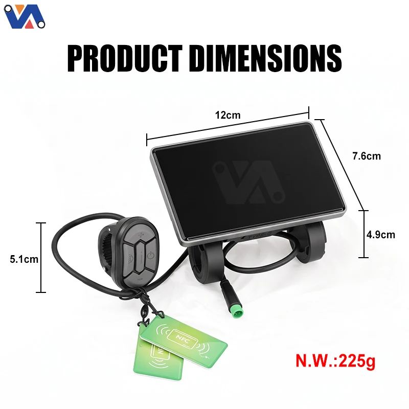 OUXI GT2000 display dimension chart marking 12 cm; 7.6 cm; 4.9 cm; 5.1 cm; NFC and 225 g net weight