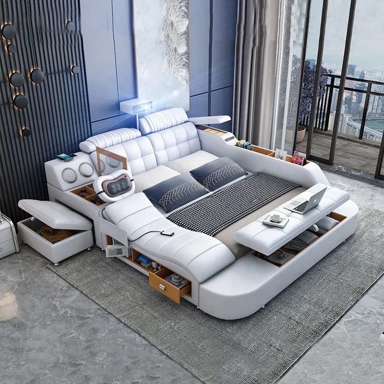 モダン シンプル レザー ダブルベッド プロジェクター・収納付き 多