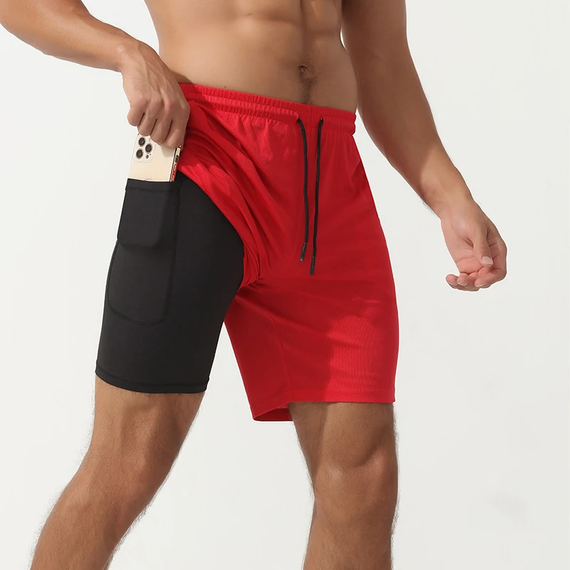 New sports shorts men double-layer anti-slip running training five-point pants quick drying basketball shorts204_voghion.com