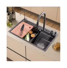 luxury sink kitchen 304 stainless steel multi functional sink modern waterfall rainfall single bowl kitchen sink set black