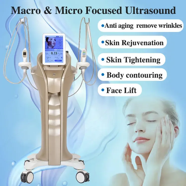 Vertical Powerful New Double Hifu Gold MFU+RF SD Focused Ultrasound Skin Lifting Machine