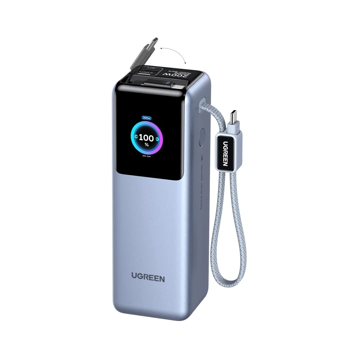 Batería externa portátil UGREEN Nexode de 25000 mAh con carga rápida de 200 W, cable retráctil integrado y pantalla inteligente._voghion.com