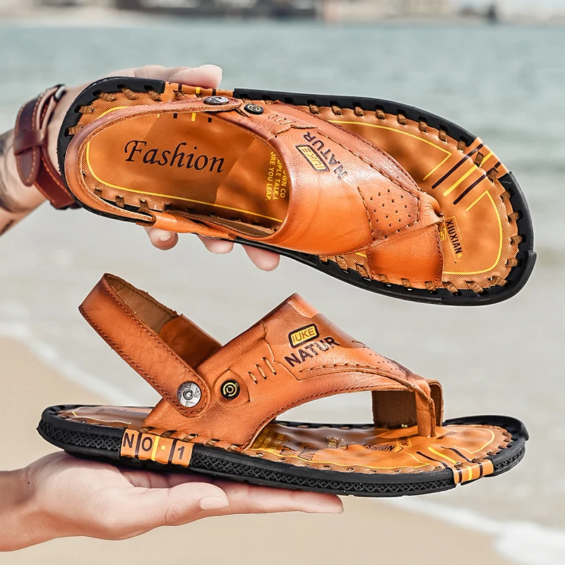 In Ready Stock High Quality Summer Mens Flip-Flop Luxury Genuine Leather Flat Soft Bottom Beach Slippers