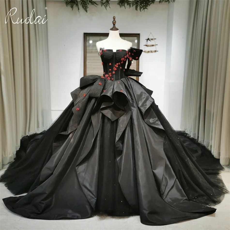 Ruolai ZW00135 Glamorous Strapless Sweetheart Ball Gown Wedding Gowns 3D  Flower Crystal Beading Wedding Dress Black Color