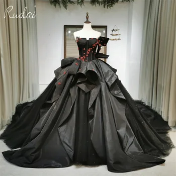 Ruolai ZW00135 Glamorous Strapless Sweetheart Ball Gown Wedding Gowns 3D Flower Crystal Beading Wedding Dress Black Color