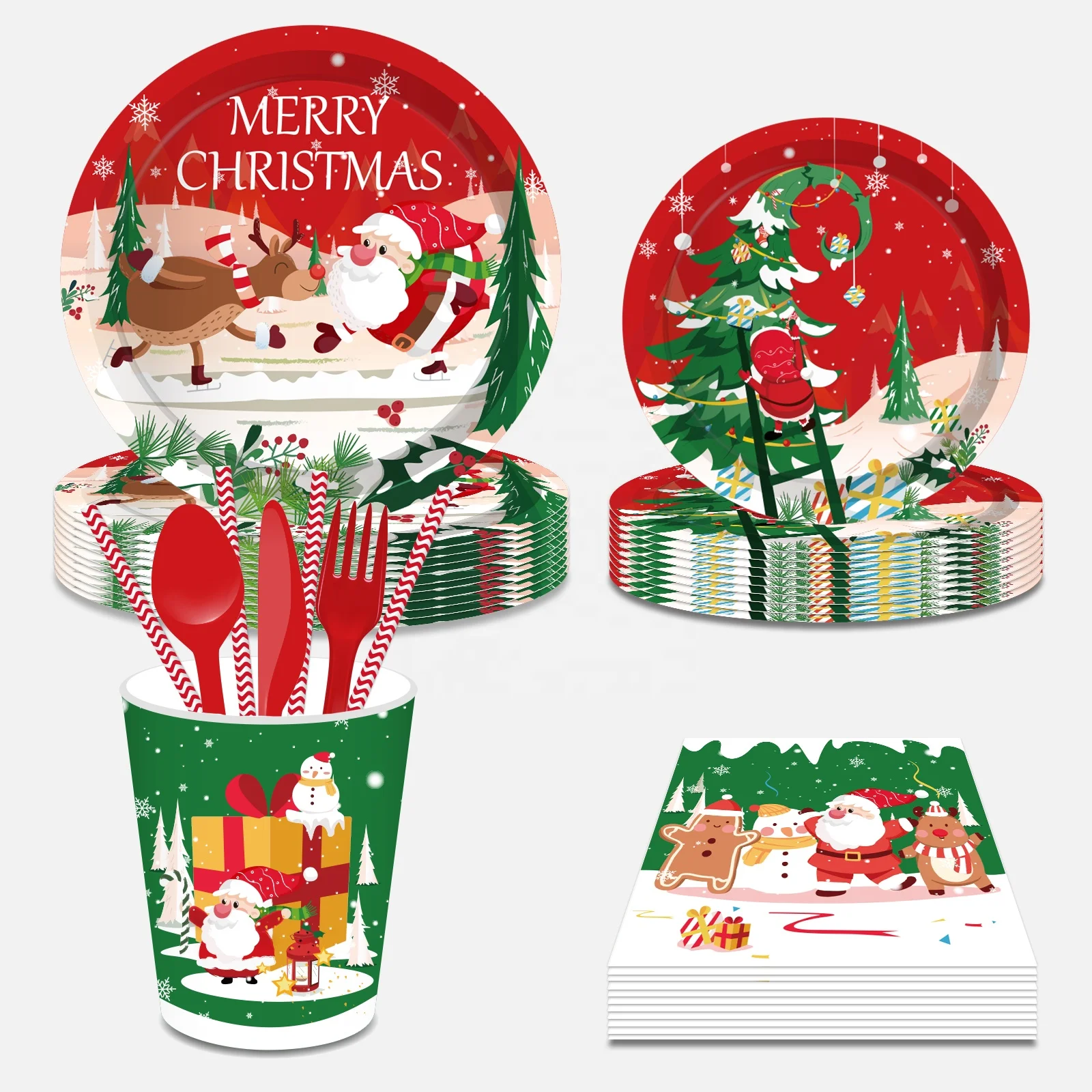 Huancai Merry Christmas Party Supplies Paper Plates Cups Napkins Disposable  Tableware Dinnerware Set for Xmas Party Decorations