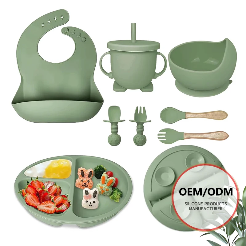 Baby Silicone Tableware Feeding Set Baby Product with Suction Divided Plate Baby Suction Bowl Sip Snack Cup Spoon Fork
