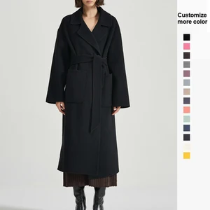Custom Elegant Gray Black Coat for Spring Autumn Long Belted Women's Vintage Cashmere  Oversize Long Coat