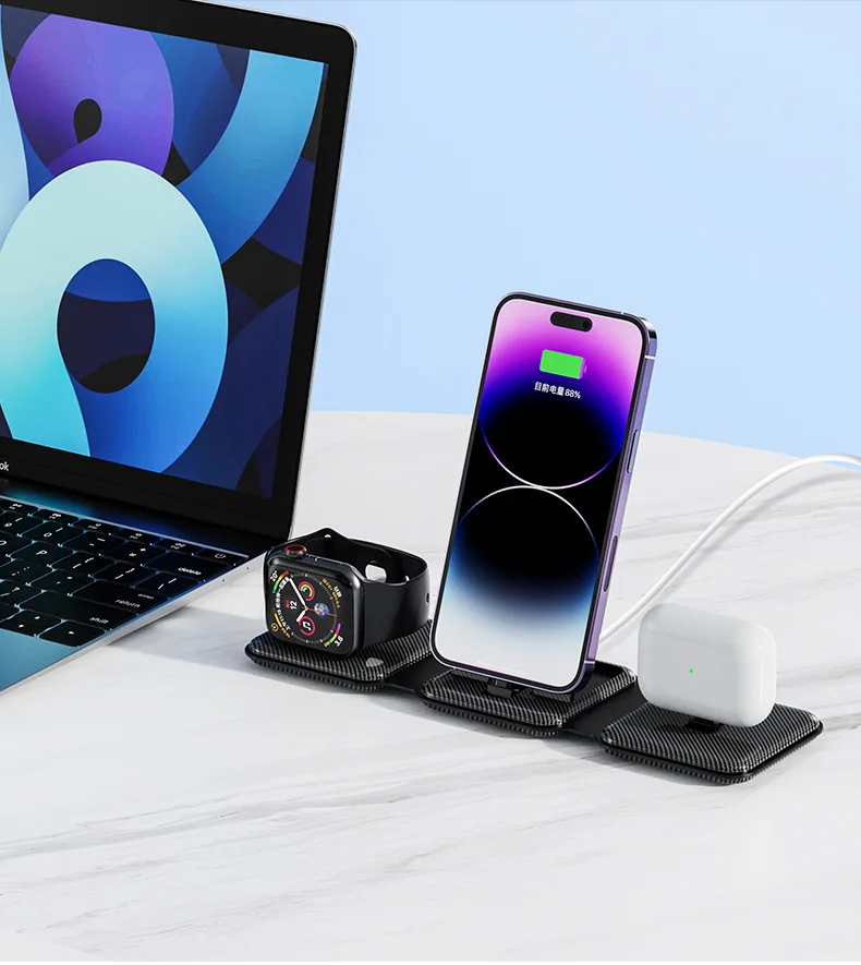 Folding 3-in-1 Wireless Charger Portable Slim Charging Pad Multi-Devices Charging Station for Cellphone Watch Earphones