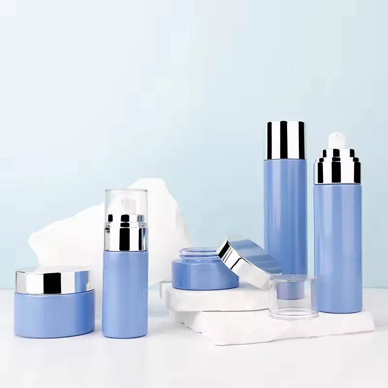 Blue Empty Cosmetics Cream Containers Set Skincare Glass pump Spray Lotion Bottle With Silver Cap 30g50g40ml100ml120ml manufacture