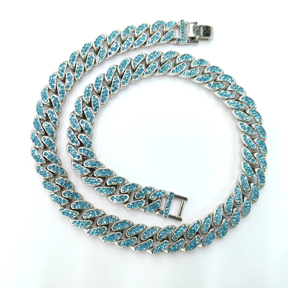 13mm Hip Hop Cuban Link Blue Diamond Chain Full Rhinestone Crystal Stone  Necklace Luxury Womens Mens Iced Out Jewelry