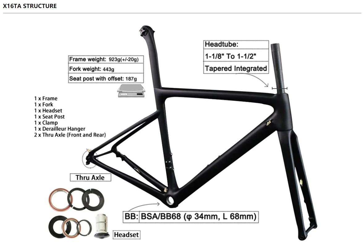 Trifox T1000 Carbon Fiber Road Bike Frameset X16 Disc Lightweight