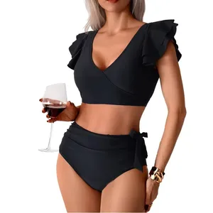 Floral Ruffled Hem V-Neck High Waist Bathing Suit XL Print Swimwear Push Bikinis Set with Beach Floral Ruffles Floral Bikini Set