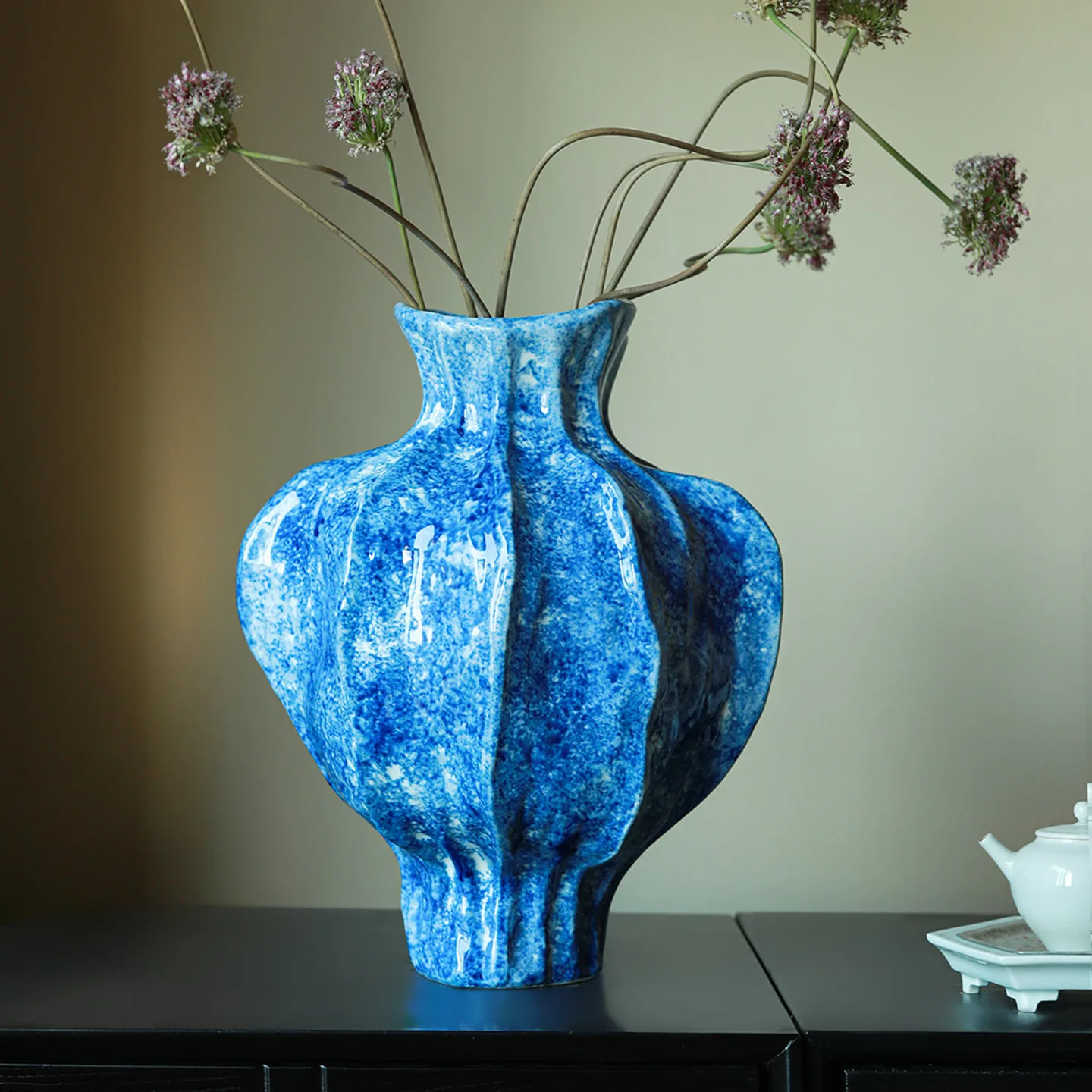 Blue Ceramic Vase with Fluted Texture Marbled Glaze Finish Modern Artistic Home Decor Living Room Flower Arrangement Centerpiece