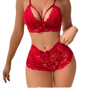 Wholesale Women's Sexy Lace See-Through Bra Set Hollow Jacquard Split Underwear with Bodysuits SFY2110 Women's Lingerie
