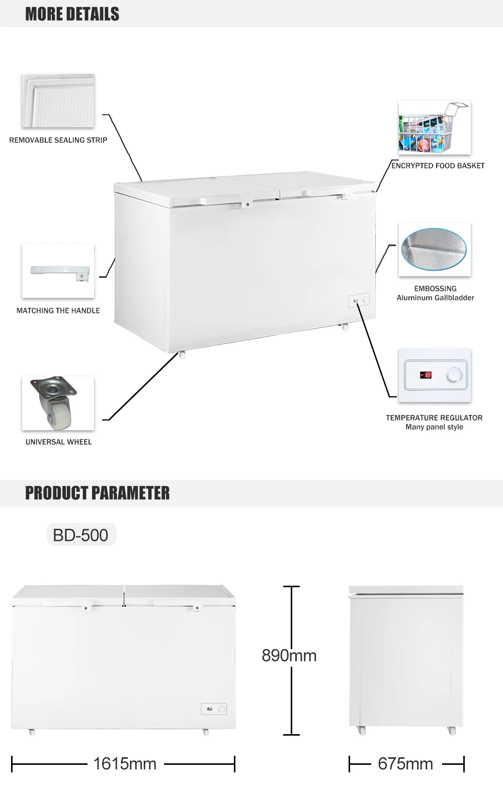 Deep Larder Type Temperature Controller Horizontal Double Door Frost