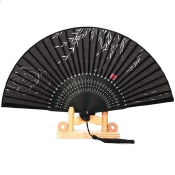 Classical Flower Design Chinese Style Black Fabric Hand Fan