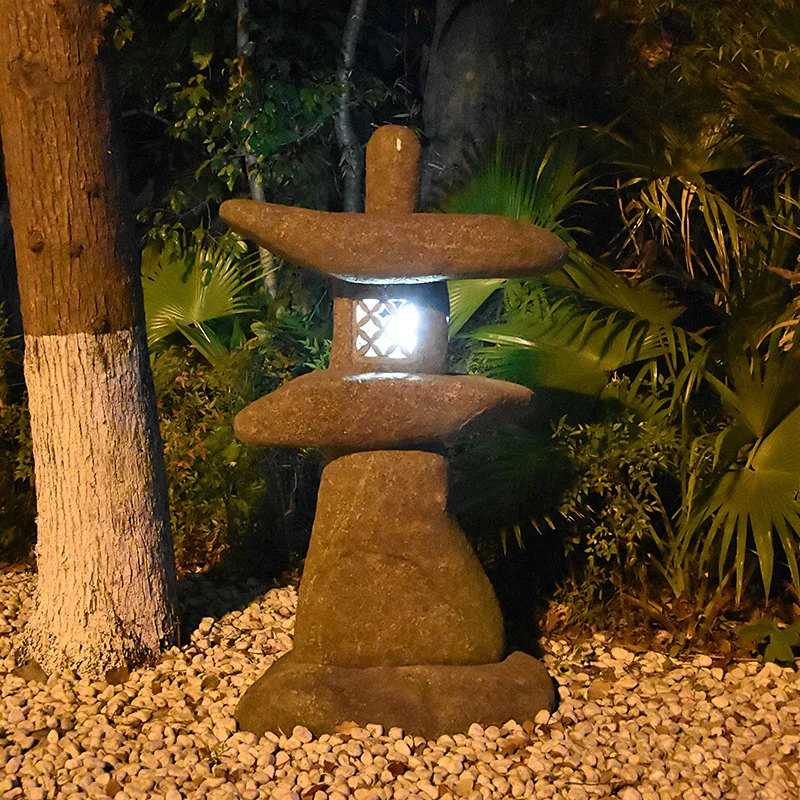 River Stone Lantern Bird Bath Japanese Lantern Garden Decor Patio Cobble Block Rusty Stone Carved Pagoda  Sculpture Outdoor