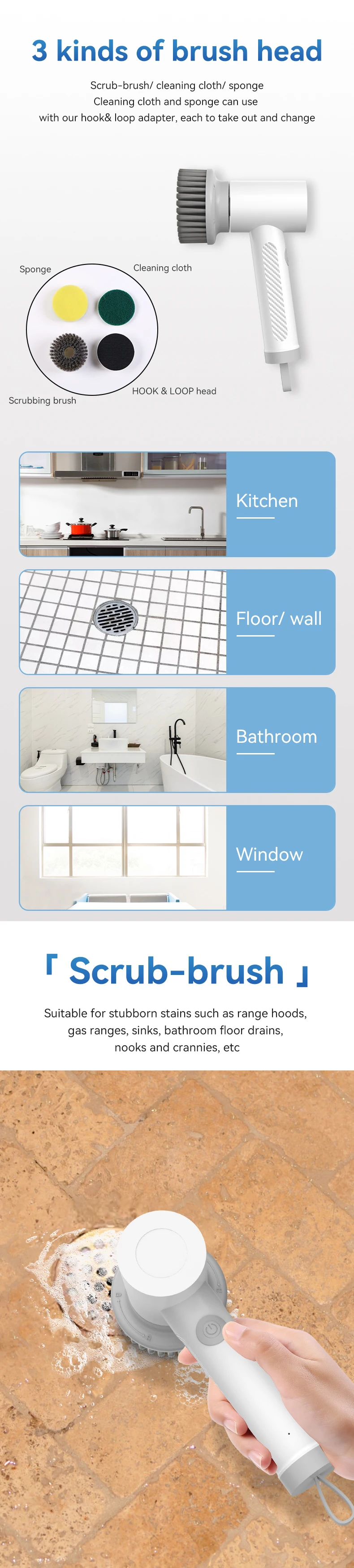 Handheld Electric Cleaning Brush Battery Waterproof Cleaner Long Handle ...