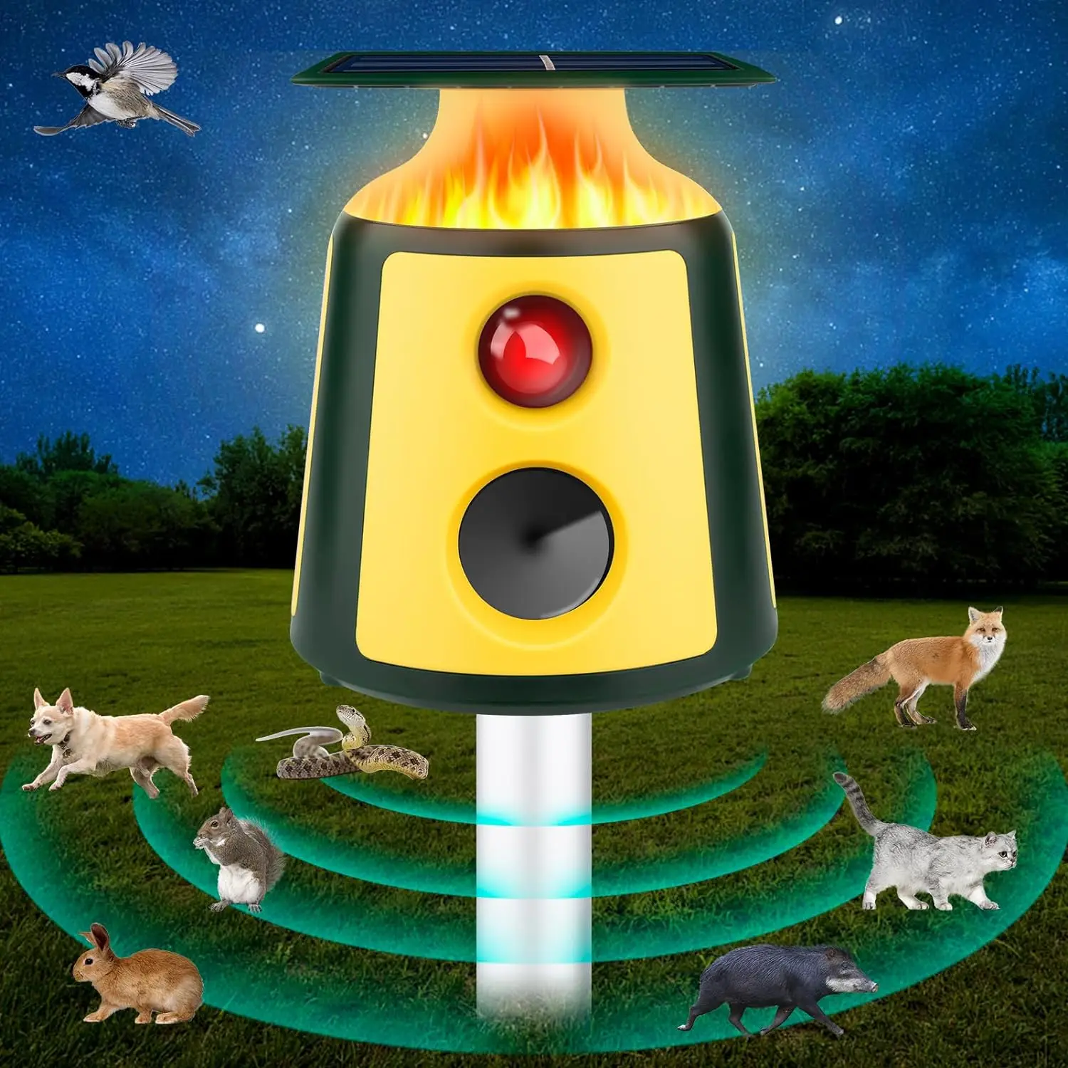 Saijzek 2024 New Tri-face 360 Smart outdoor Ultrasonic Animal Repeller Deer/Pigeon/Cat/Wild Pig/Monkey Solar Animal Repeller manufacture