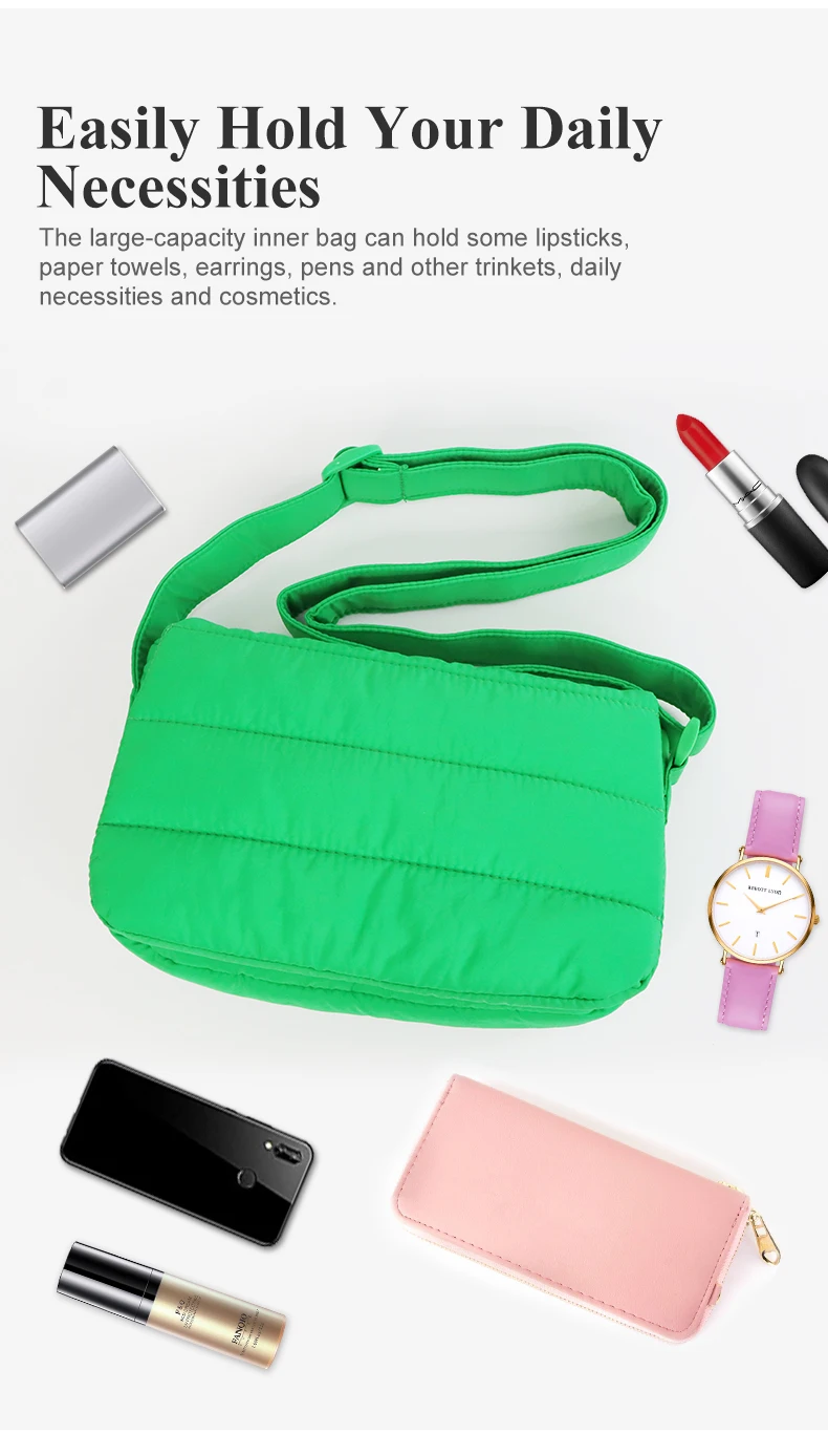 Women's Small Puffer Tote Bag - Quilted Nylon Puffy Shoulder Purse, Crossbody With Adjustable Strap, 7.87x6.69x2.76"