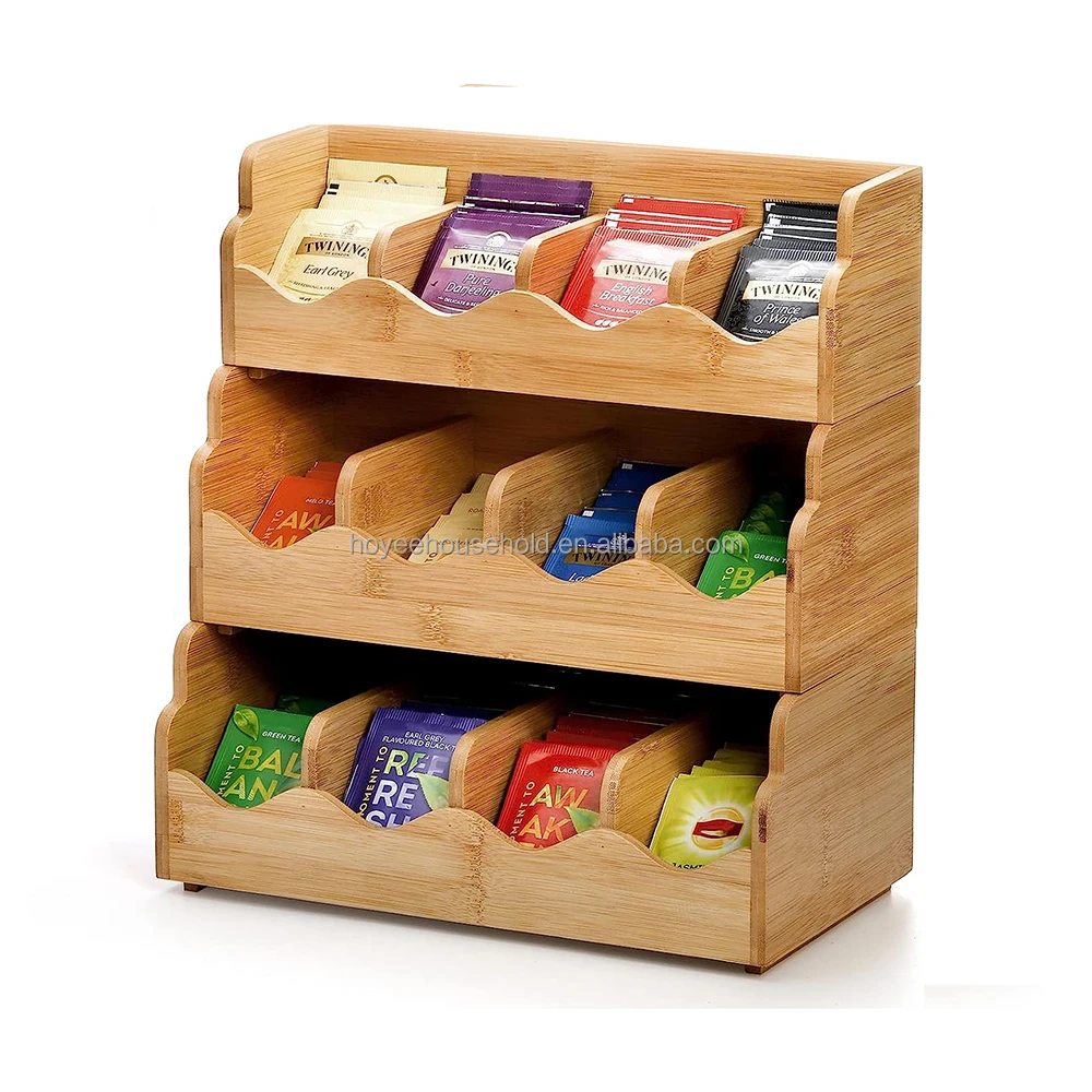 3 Tire Stackable Tea Bag Container Bamboo Tea Bag Storage Holder With