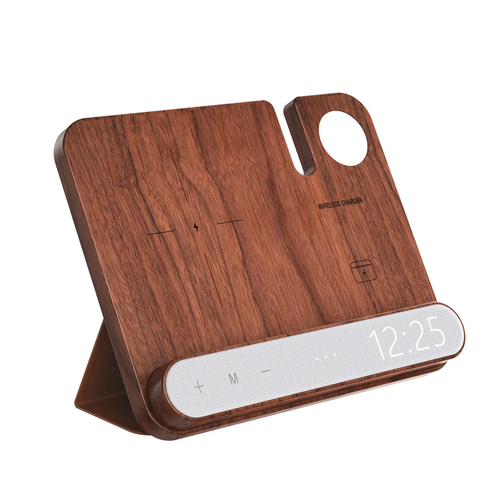 Portable Wooden 4 in 1 Multifunctional Wireless Charger  Bedside Led Light Lamp Digital Alarm Clock 15W Fast Charging Station