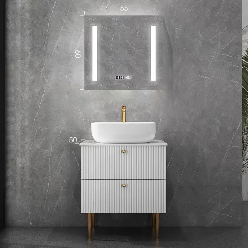 product custom modern luxury curved floor standing bathroom cabinet bathroom fluted textured vanity with sink smart led mirror-5