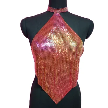 S181 Sexy rainbow red blue Metallic Tablet chainmail top Chain Rave Club Crop Top Women's Sexy Sequin tank Top