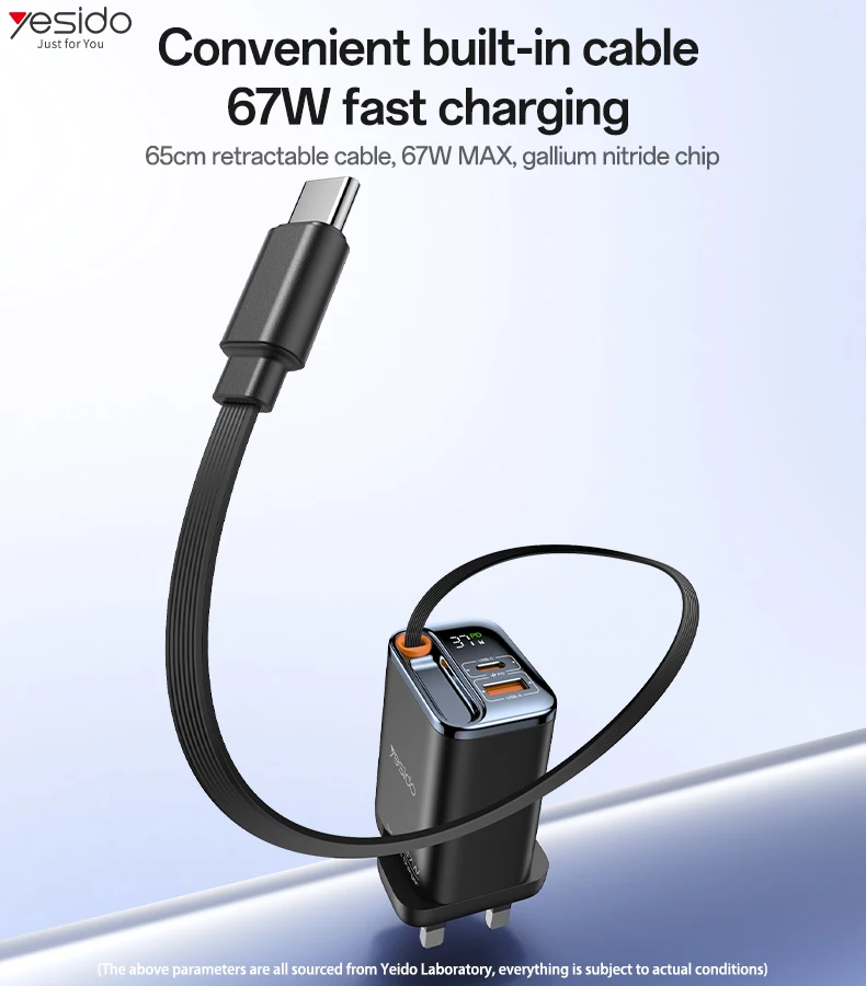 Yesido GaN 67W Fast Charging Three Ports Built-in 65CM Retractable Cable UK Plug Travel Charger YC146