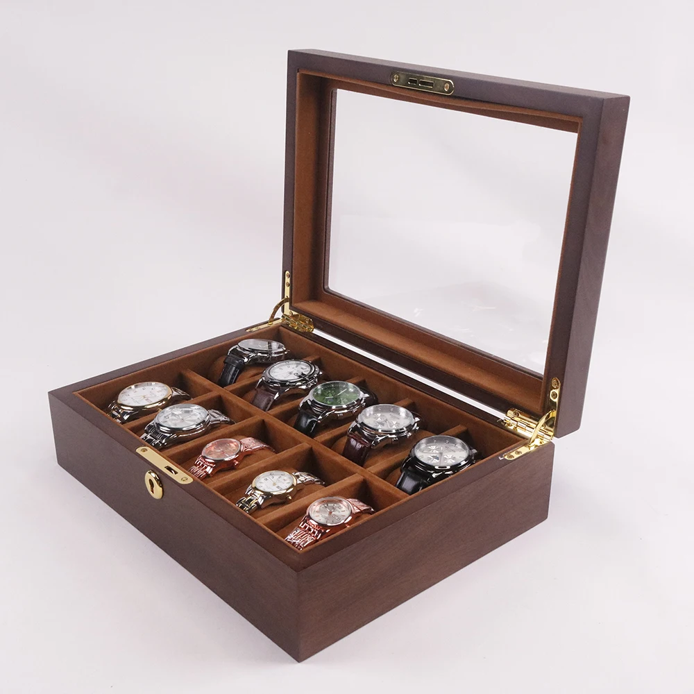 10 Slots Walnut Wooden Grain Watch Storage Box Teak Grain Wood Watch Organizer Case Display Box With Suede Cushion