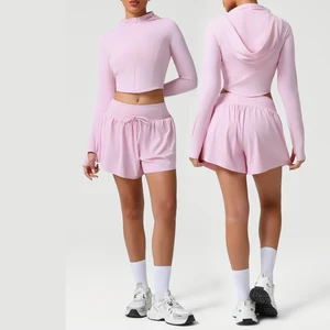 Autumn Winter Ladies Fitness Yoga Suit High Waist Shorts Hooded Coat Slim Collar Cross-Border Solid Casual Sports Style