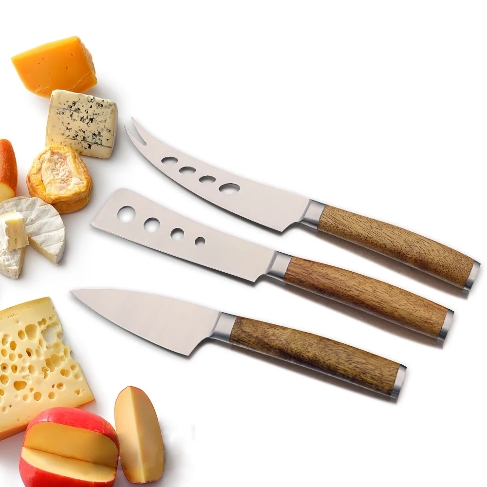 Jaswehome Set of 3 Stainless Steel Cheese Knife With Wood Handle Cheese Knives Cheese Tools Set Cutlery Tablewares