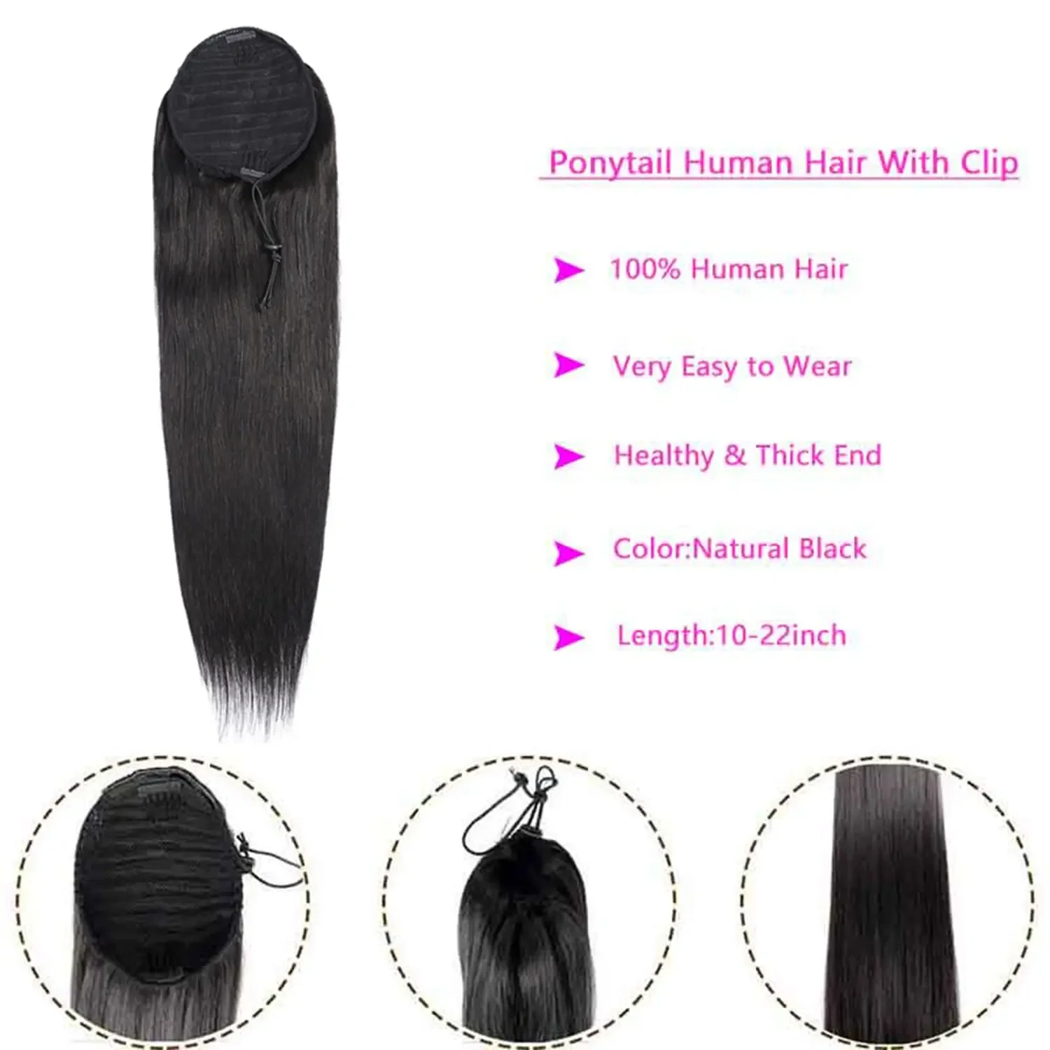 Human Hair Ponytail Extension Long Straight Drawstring Hair Piece_voghion.com