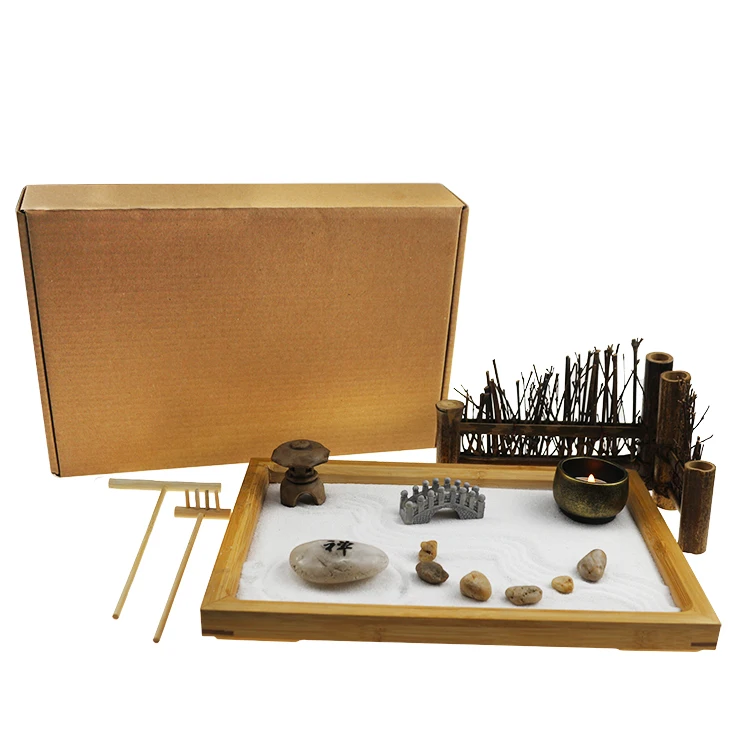 Meditation Gifts Base Zen Garden Kit Bamboo Japanese Mini Sand Zen Garden Indoor For Desktop