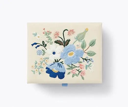 Blue Medium Embroidered Keepsake Box With Design Pattern Storage Photo Card Hand Embroidery Fabric Covered Jewelry Box
