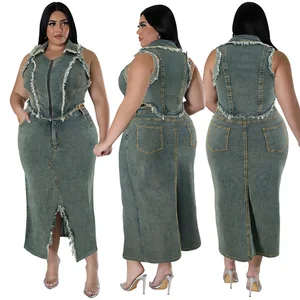 Y218380 Plus Size Women's Denim Set Short Sleeve Tassel Zipper Top and Split Long Denim Skirt Set 2 Piece Outfits for Women