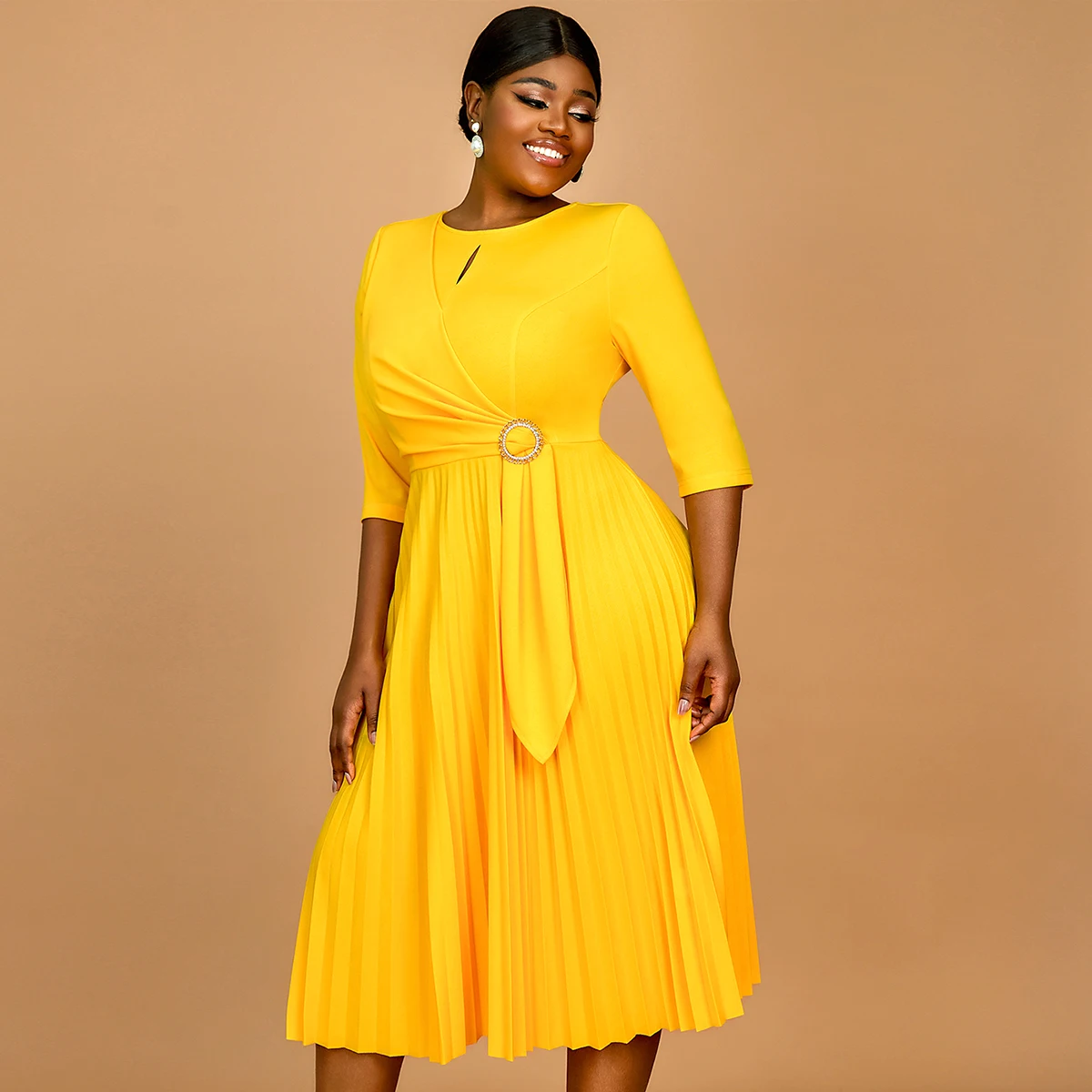 Wholesale Round Neck A Line Three Quarter Leeve Hollow Out Pleated Vacation Dresses Factory Clothing Manufacturers Long Engagement Dress Girl Big Ize,